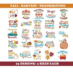 Könnte beinhalten: Eine Sammlung von Designs zum Thema Herbst mit Text und Grafiken, darunter Kürbisse, Blätter und Sätze wie "Fall in Love" und "Happy Harvest". Das Bild zeigt 25 Designs in jeweils 3 Größen, ideal für saisonales Kunsthandwerk.