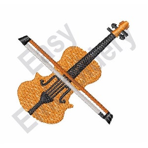 Puede incluir: Un violín marrón con un arco negro y cuerdas. El violín está acostado de lado con el arco cruzándolo.