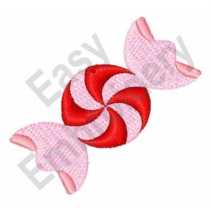 May include: A red and white swirled candy with pink wrapping. The candy is in the shape of a wrapped hard candy, with the text "Easy" partially visible in the background.