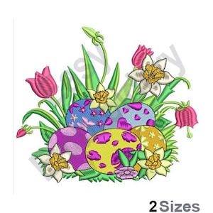 May include: Embroidered design featuring five colorful Easter eggs surrounded by green leaves, pink tulips, and yellow daffodils.