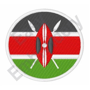 Könnte beinhalten: Ein runder Patch mit der Flagge Kenias. Die Flagge zeigt eine horizontale Trikolore in Rot, Weiß und Grün mit einem schwarzen Schild und zwei Speeren in der Mitte.