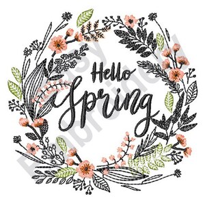May include: A black and white floral wreath with pink flowers and the text "Hello Spring" in the center.