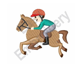 May include: A brown horse with a rider wearing a red helmet and a green shirt. The horse is running and the rider is holding the reins.