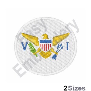 May include: A white circular patch with a gold eagle and the letters "VI" on a white background. The eagle has a blue shield with red and white stripes on its chest. The eagle is holding a green branch in its left talon and three arrows in its right talon.