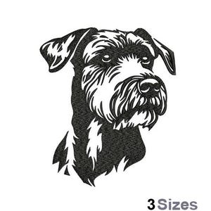 以下が含まれることがあります： 白黒のシュナウザー犬の肖像画。犬の頭は横顔で、毛皮の質感が詳細に描かれています。画像には、利用可能なサイズオプションを示す「3 Sizes」というテキストが下部に含まれています。