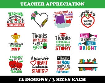 Teacher Appreciation (12 Designs) - Machine Embroidery Bundle, School designs, Classroom designs, Educator patterns