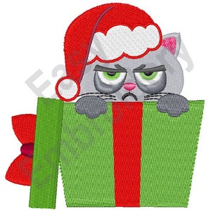 May include: A gray cat wearing a red Santa hat with white trim peeks out of a green and red gift box. The cat has a grumpy expression.