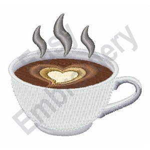 May include: A white ceramic mug filled with brown coffee with a heart-shaped design in the foam. Steam rises from the coffee.