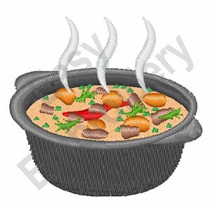 May include: An embroidered image of a steaming pot of food. The pot is dark gray and filled with a beige stew containing chunks of meat, vegetables, and a red pepper. Wisps of white steam rise from the food, suggesting it is hot.