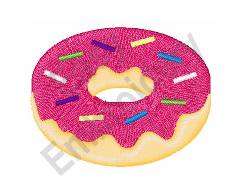 May include: A pink frosted donut with yellow, green, blue, and purple sprinkles.