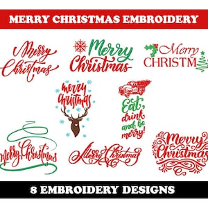 Merry Christmas (8 Designs) - Machine Embroidery Bundle, Christmas lettering designs,