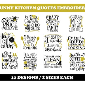 Citations drôles pour la maison et la cuisine (12 motifs) - Lot de broderies à la machine