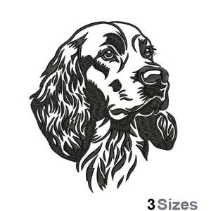 Könnte beinhalten: Schwarz-weiß-Linienzeichnung des Kopfes eines Springer Spaniel. Der Hund schaut nach rechts mit geschlossenem Maul.
