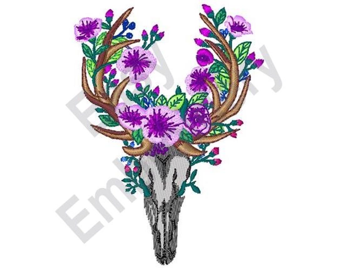 花柄の鹿の頭蓋骨 - 機械刺繍デザイン - Etsy 日本