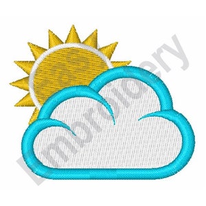 Peut inclure: Un nuage bleu avec un soleil jaune qui se cache derrière. Le soleil a un contour blanc.