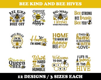 Bee Kind and Bee Hives (12 Designs) - Machine Embroidery Bundle, Honeycomb designs, Beehive patterns, Bumblebee designs