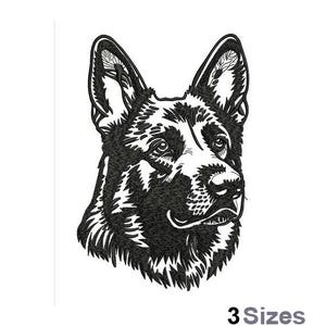 May include: A detailed black and white embroidered image of a German Shepherd's head. The design showcases the dog's features, including fur texture and expression. The text "3 Sizes" is displayed below.