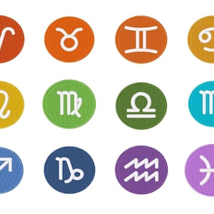 May include: Twelve colorful circular patches with white zodiac symbols on them. The symbols are Aries, Taurus, Gemini, Cancer, Leo, Virgo, Libra, Scorpio, Sagittarius, Capricorn, Aquarius, and Pisces.