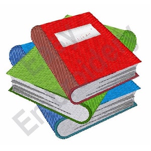 May include: A stack of three books, one red, one green, and one blue. The red book is on top and has a white spine.