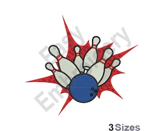 May include: A red and white starburst design with five white bowling pins and a blue bowling ball in the center.