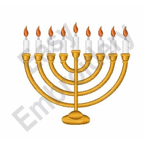 May include: A gold menorah with nine candles, eight of which are lit. The candles are white with orange flames.