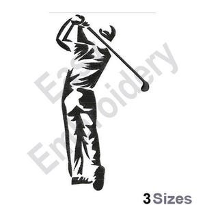 Könnte beinhalten: Schwarz-weiße Silhouette eines Golfers, der einen Schläger schwingt.