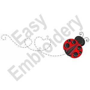 May include: A red ladybug with black spots flies through the air, leaving a dotted trail behind it.