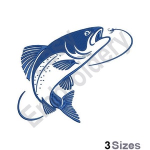 May include: Blue embroidered design of a fish jumping out of the water with a fishing hook in its mouth.