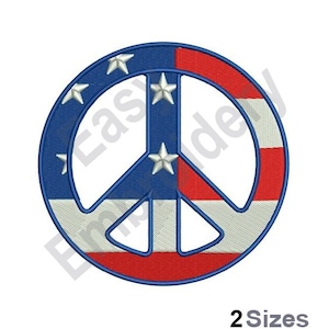 May include: Peace sign with the American flag colors, red, white, and blue. The peace sign has a white outline and stars in the blue section.