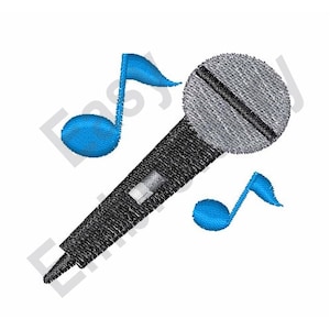 May include: A black microphone with a silver head and two blue musical notes.