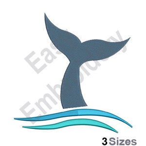 May include: A blue whale tail silhouette with two turquoise waves underneath.