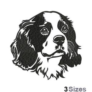 May include: Black and white line art illustration of a Cavalier King Charles Spaniel dog with floppy ears. The dog is looking to the right.