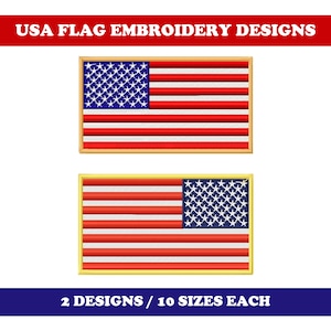 May include: Two embroidery designs of the American flag. The first design features the stars in the blue canton, and the second design features the stripes in red and white. Each design is available in 10 sizes.