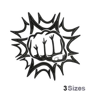 May include: Black and white graphic of a clenched fist, surrounded by a burst of jagged lines. The design is centered on a white background. The text "3 Sizes" is at the bottom.