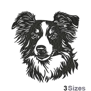 Könnte beinhalten: Schwarz-weiße Silhouette des Kopfes eines Border Collie mit freundlichem Ausdruck.