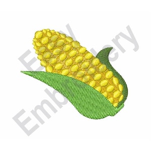 Puede incluir: Una mazorca de maíz amarilla con hojas verdes. El maíz está parcialmente pelado para mostrar los granos.