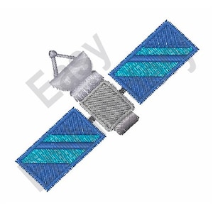 May include: A silver satellite with two blue and teal solar panels. The satellite has a round dish antenna.