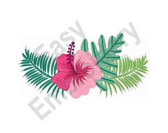 May include: A pink hibiscus flower with a red center surrounded by green tropical leaves.