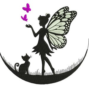 May include: Black silhouette of a fairy with butterfly wings, standing on a crescent moon shape with a cat. Two purple butterflies are floating above the fairy's hand. The design is embroidered.
