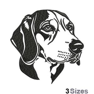 May include: A black and white line drawing of a Bloodhound dog's head, facing right. The image shows detailed shading and outlines. The text "3 Sizes" is at the bottom of the image.