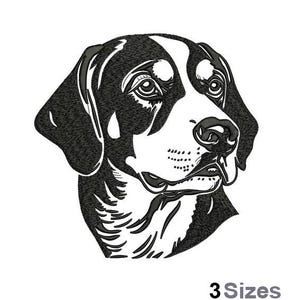 May include: A monochrome embroidered design of a dog's head, showcasing intricate stitching. The dog has a black coat with white facial markings. The image is set against a white backdrop, with the text "3 Sizes" at the bottom.