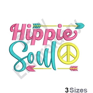 May include: Embroidered design featuring the text "Hippie Soul" in pink and blue lettering with a yellow peace sign and two gold arrows with pink and blue feathers.