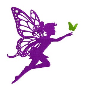 May include: A purple fairy silhouette with detailed wings and a green butterfly. The fairy is reaching out towards the butterfly. The image is on a white background. The design is suitable for embroidery or crafting projects.