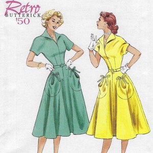 May include: A vintage sewing pattern illustration featuring two women wearing retro dresses with cinched waists and pockets. The dresses are a bright green and yellow. The text "Retro Butterick '50" is at the top of the image.