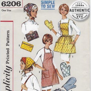May include: A vintage sewing pattern for a simple apron with pockets and a matching oven mitt. The pattern is from Simplicity and is labeled "1960s Authentic Original Pattern".