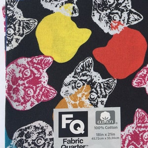New item - 100% Cotton FQ Fabric Quarter - 18&quot; x 21&quot; Novelty Cat - X-Ray Overexposed Cat Faces & outlines in Primary colors on Black back