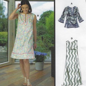 May include: A sleeveless paisley print dress with a V-neck and pink trim. The dress is knee-length and worn by a person. The image also shows a pattern for a long-sleeved top and a long dress with a zigzag pattern.