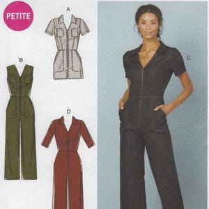 May include: A sewing pattern for jumpsuits. The pattern includes several jumpsuit designs, including a short-sleeved, collared jumpsuit with a zipper, a sleeveless jumpsuit, and a wide-leg jumpsuit. The pattern is labeled "PETITE".