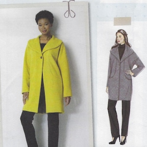 May include: A sewing pattern for a long, collared coat with a single button closure. The pattern is shown in two versions: one in yellow and one in gray. The pattern is from Butterick.