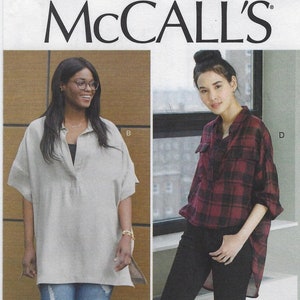 May include: McCall's pattern featuring four different shirt designs. The top left shows a light-colored, short-sleeved tunic. The top right features a red and black plaid shirt. The bottom row shows a green shirt and a floral print shirt.